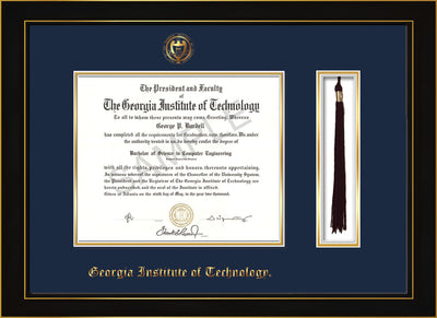 Image of Georgia Tech Diploma Frame - Honors Black Satin - w/Embossed Seal & Name - Tassel Holder - Navy on Gold Mat