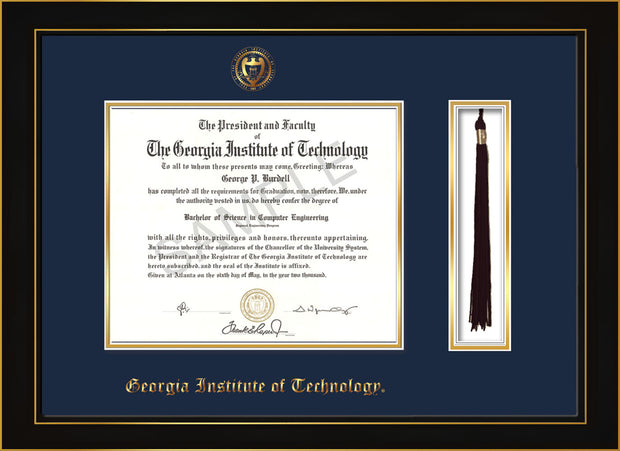 Image of Georgia Tech Diploma Frame - Honors Black Satin - w/Embossed Seal & Name - Tassel Holder - Navy on Gold Mat
