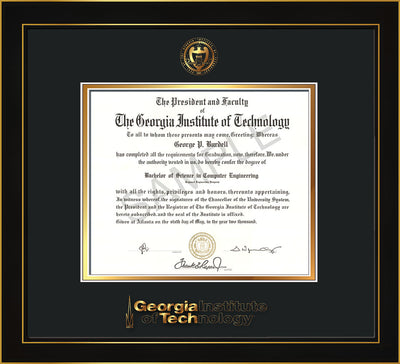 Image of Georgia Tech Diploma Frame - Honors Black Satin - w/Embossed Seal & Wordmark - Black on Gold Mat