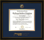 Image of Georgia Tech Diploma Frame - Honors Black Satin - w/Embossed Seal & Wordmark - Navy on Gold Mat
