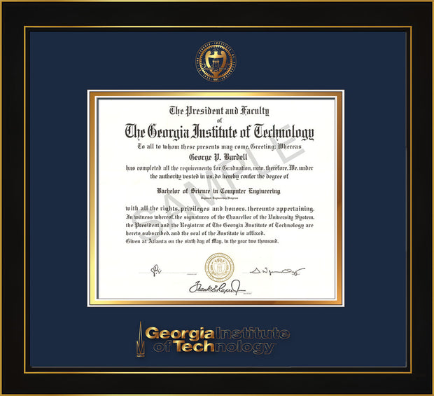 Image of Georgia Tech Diploma Frame - Honors Black Satin - w/Embossed Seal & Wordmark - Navy on Gold Mat