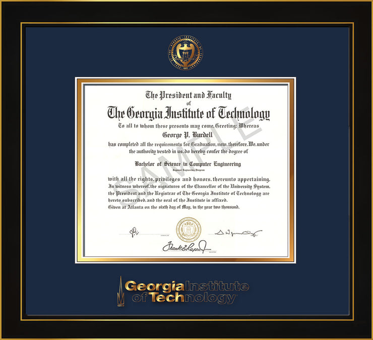 Image of Georgia Tech Diploma Frame - Honors Black Satin - w/Embossed Seal & Wordmark - Navy on Gold Mat