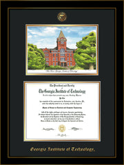 Image of Georgia Tech Diploma Frame - Honors Black Satin - w/Embossed GT Seal & Name - w/Campus Watercolor - Black on Gold mat