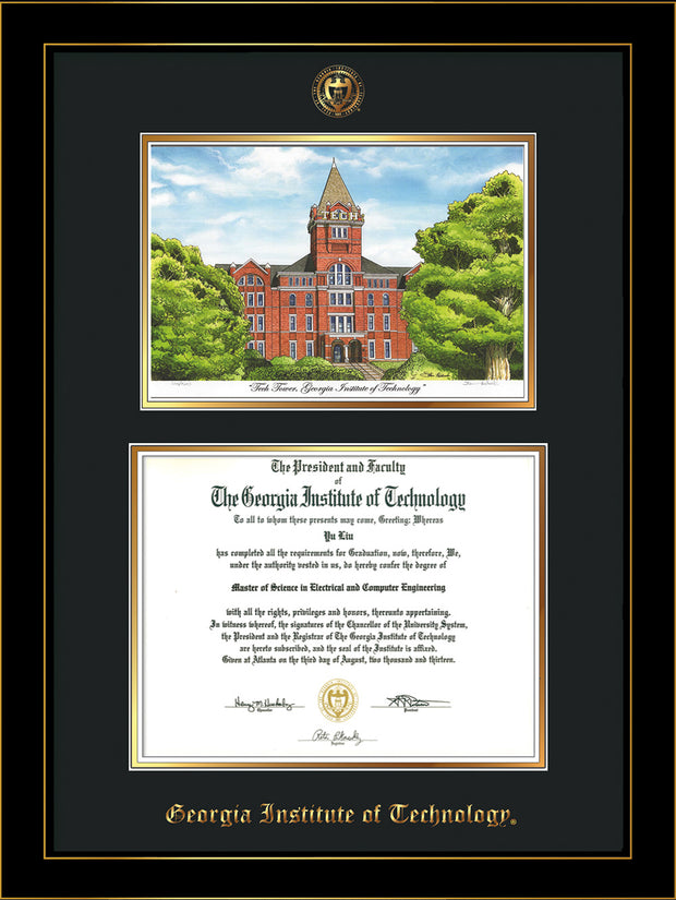 Image of Georgia Tech Diploma Frame - Honors Black Satin - w/Embossed GT Seal & Name - w/Campus Watercolor - Black on Gold mat