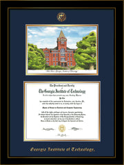 Image of Georgia Tech Diploma Frame - Honors Black Satin - w/Embossed GT Seal & Name - w/Campus Watercolor - Navy on Gold mat