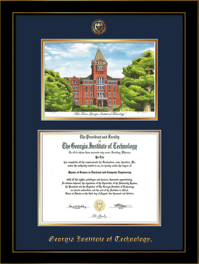 Image of Georgia Tech Diploma Frame - Honors Black Satin - w/Embossed GT Seal & Name - w/Campus Watercolor - Navy on Gold mat