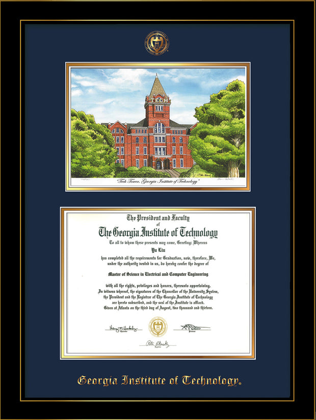 Image of Georgia Tech Diploma Frame - Honors Black Satin - w/Embossed GT Seal & Name - w/Campus Watercolor - Navy on Gold mat