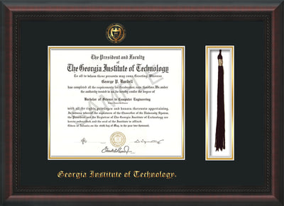 Image of Georgia Tech Diploma Frame - Mahogany Braid - w/Embossed Seal & Name - Tassel Holder - Black on Gold Mat