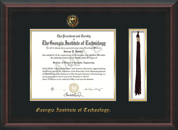 Image of Georgia Tech Diploma Frame - Mahogany Braid - w/Embossed Seal & Name - Tassel Holder - Black on Gold Mat