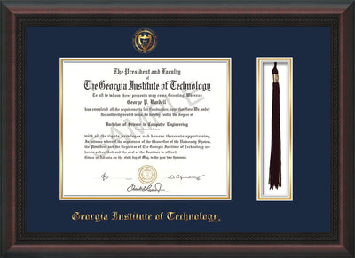 Image of Georgia Tech Diploma Frame - Mahogany Braid - w/Embossed Seal & Name - Tassel Holder - Navy on Gold Mat