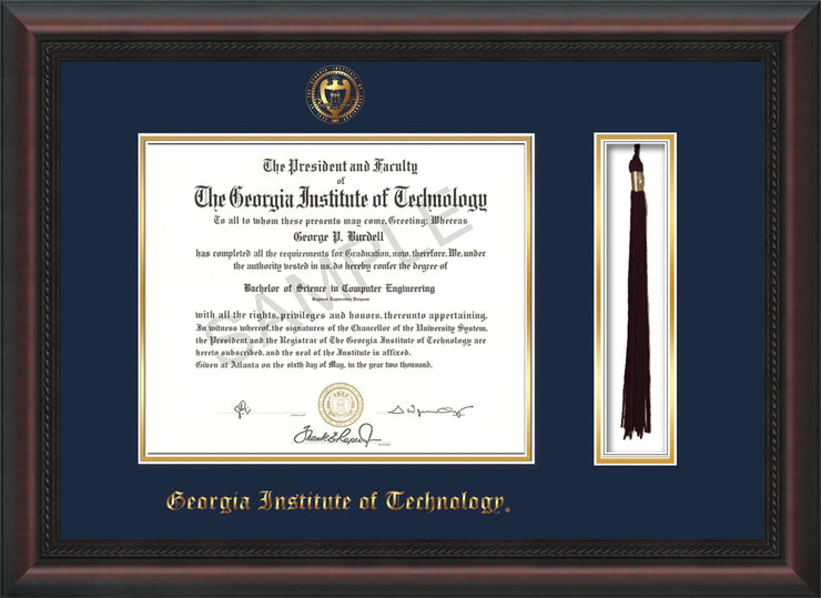Image of Georgia Tech Diploma Frame - Mahogany Braid - w/Embossed Seal & Name - Tassel Holder - Navy on Gold Mat