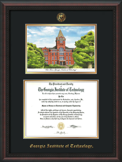 Image of Georgia Tech Diploma Frame - Mahogany Braid - w/Embossed GT Seal & Name - w/Campus Watercolor - Black on Gold mat
