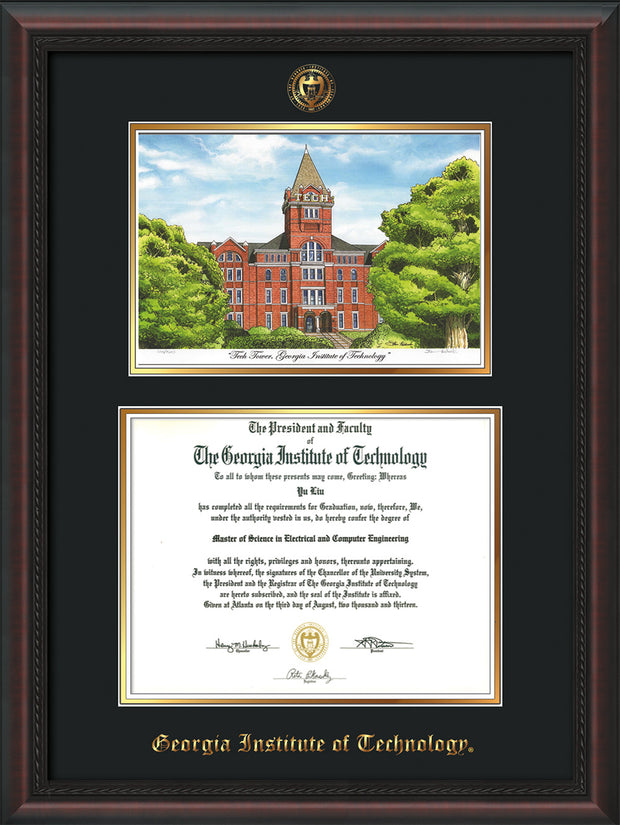 Image of Georgia Tech Diploma Frame - Mahogany Braid - w/Embossed GT Seal & Name - w/Campus Watercolor - Black on Gold mat