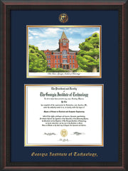 Image of Georgia Tech Diploma Frame - Mahogany Braid - w/Embossed GT Seal & Name - w/Campus Watercolor - Navy on Gold mat