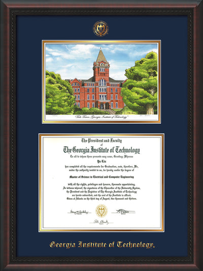 Image of Georgia Tech Diploma Frame - Mahogany Braid - w/Embossed GT Seal & Name - w/Campus Watercolor - Navy on Gold mat
