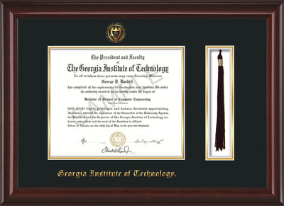 Image of Georgia Tech Diploma Frame - Mahogany Lacquer - w/Embossed Seal & Name - Tassel Holder - Black on Gold Mat