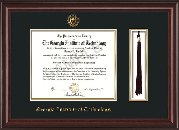 Image of Georgia Tech Diploma Frame - Mahogany Lacquer - w/Embossed Seal & Name - Tassel Holder - Black on Gold Mat