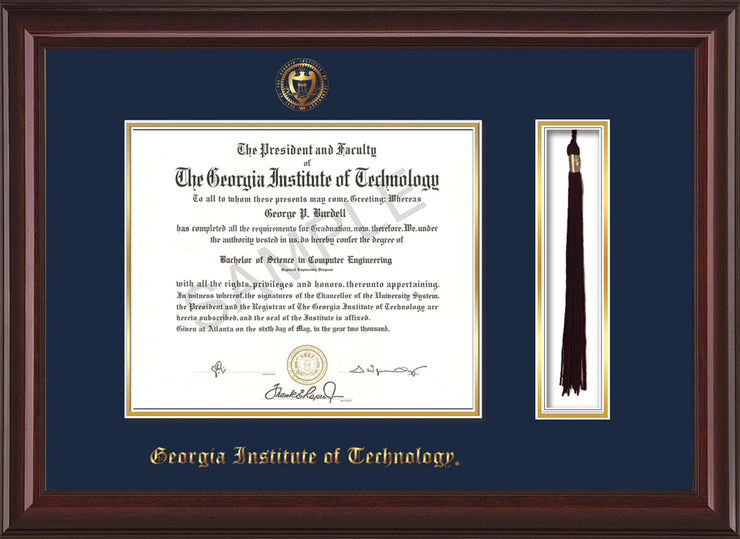 Image of Georgia Tech Diploma Frame - Mahogany Lacquer - w/Embossed Seal & Name - Tassel Holder - Navy on Gold Mat
