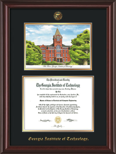 Image of Georgia Tech Diploma Frame - Mahogany Lacquer - w/Embossed GT Seal & Name - w/Campus Watercolor - Black on Gold mat