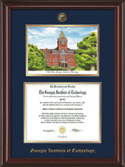 Image of Georgia Tech Diploma Frame - Mahogany Lacquer - w/Embossed GT Seal & Name - w/Campus Watercolor - Navy on Gold mat