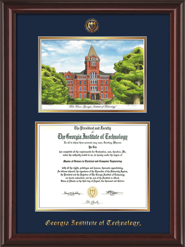 Image of Georgia Tech Diploma Frame - Mahogany Lacquer - w/Embossed GT Seal & Name - w/Campus Watercolor - Navy on Gold mat