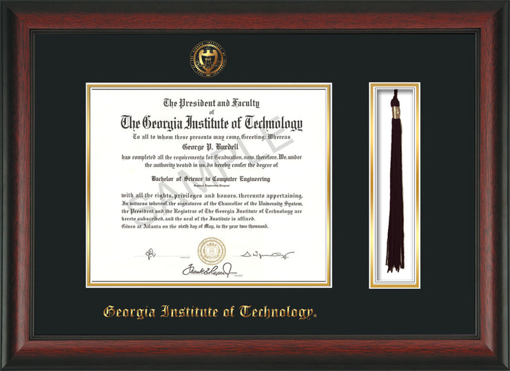 Image of Georgia Tech Diploma Frame - Rosewood - w/Embossed Seal & Name - Tassel Holder - Black on Gold Mat