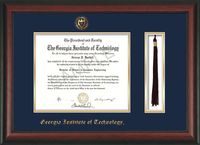 Image of Georgia Tech Diploma Frame - Rosewood - w/Embossed Seal & Name - Tassel Holder - Navy on Gold Mat