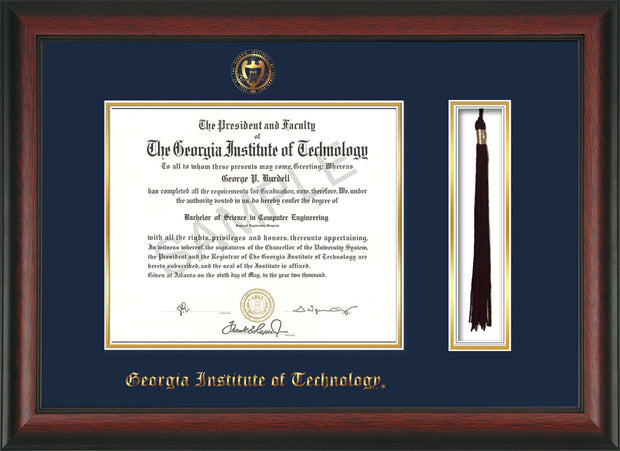 Image of Georgia Tech Diploma Frame - Rosewood - w/Embossed Seal & Name - Tassel Holder - Navy on Gold Mat
