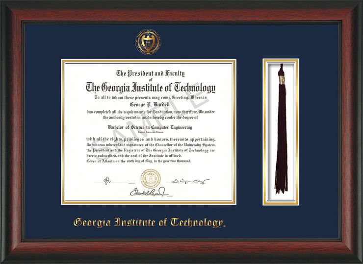 Image of Georgia Tech Diploma Frame - Rosewood - w/Embossed Seal & Name - Tassel Holder - Navy on Gold Mat