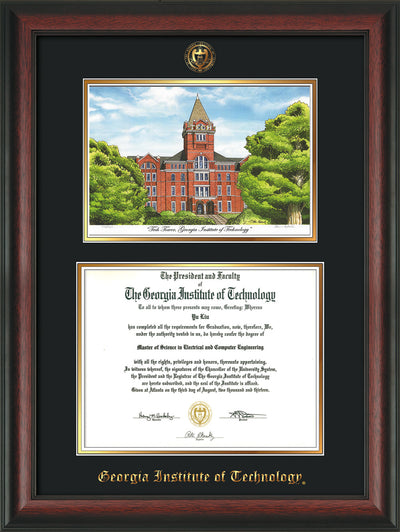 Image of Georgia Tech Diploma Frame - Rosewood - w/Embossed GT Seal & Name - w/Campus Watercolor - Black on Gold mat