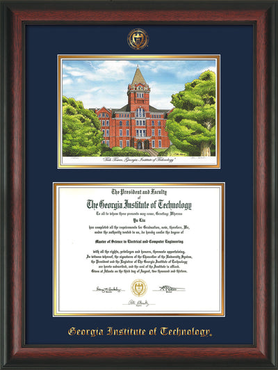 image of Georgia Tech Diploma Frame - Rosewood - w/Embossed GT Seal & Name - w/Campus Watercolor - Navy on Gold mat