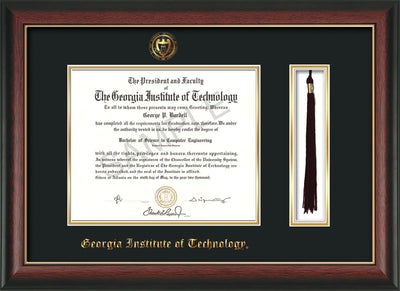 Image of Georgia Tech Diploma Frame - Rosewood w/Gold Lip - w/Embossed Seal & Name - Tassel Holder - Black on Gold Mat