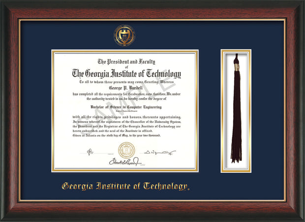 Image of Georgia Tech Diploma Frame - Rosewood w/Gold Lip - w/Embossed Seal & Name - Tassel Holder - Navy on Gold Mat