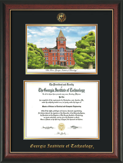 Image of Georgia Tech Diploma Frame - Rosewood w/Gold Lip - w/Embossed GT Seal & Name - w/Campus Watercolor - Black on Gold mat