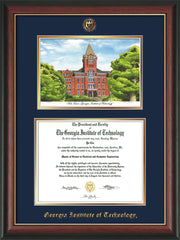Image of Georgia Tech Diploma Frame - Rosewood w/Gold Lip - w/Embossed GT Seal & Name - w/Campus Watercolor - Navy on Gold mat