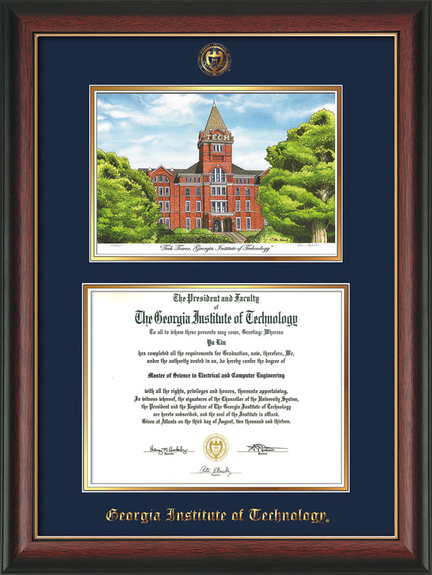 Image of Georgia Tech Diploma Frame - Rosewood w/Gold Lip - w/Embossed GT Seal & Name - w/Campus Watercolor - Navy on Gold mat