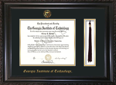 Image of Georgia Tech Diploma Frame - Vintage Black Scoop - w/Embossed Seal & Name - Tassel Holder - Navy on Gold Mat