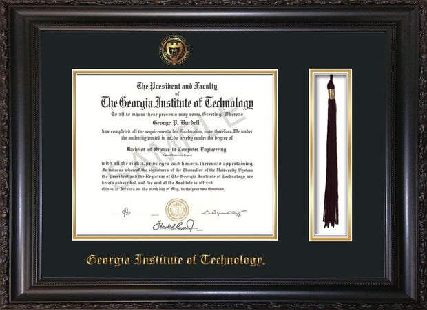 Image of Georgia Tech Diploma Frame - Vintage Black Scoop - w/Embossed Seal & Name - Tassel Holder - Navy on Gold Mat