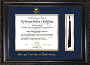 Image of Georgia Tech Diploma Frame - Vintage Black Scoop - w/Embossed Seal & Name - Tassel Holder - Navy on Gold Mat