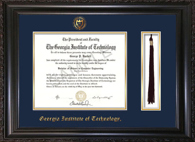 Image of Georgia Tech Diploma Frame - Vintage Black Scoop - w/Embossed Seal & Name - Tassel Holder - Navy on Gold Mat