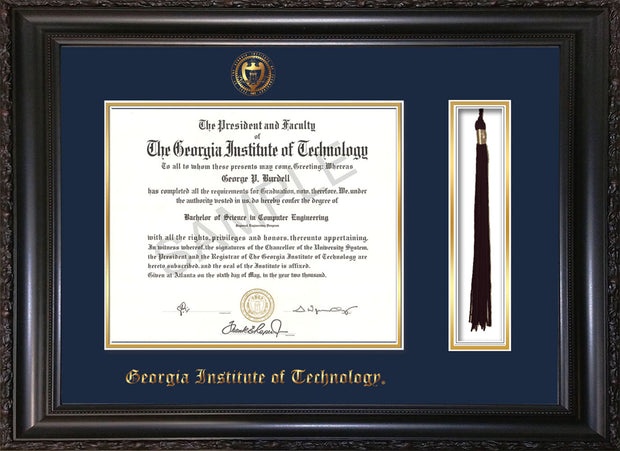 Image of Georgia Tech Diploma Frame - Vintage Black Scoop - w/Embossed Seal & Name - Tassel Holder - Navy on Gold Mat