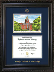 Image of Georgia Tech Diploma Frame - Vintage Black Scoop - w/Embossed GT Seal & Name - w/Campus Watercolor - Navy on Gold mat