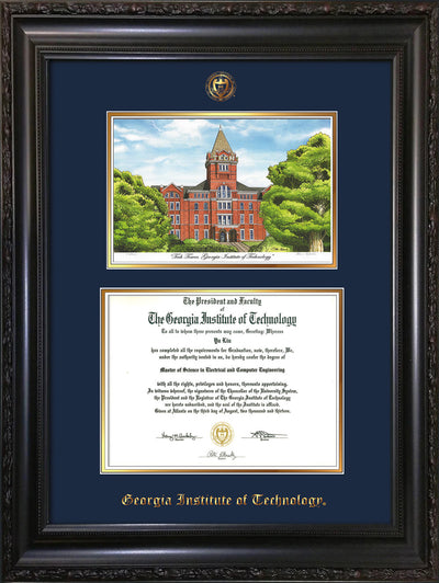 Image of Georgia Tech Diploma Frame - Vintage Black Scoop - w/Embossed GT Seal & Name - w/Campus Watercolor - Navy on Gold mat