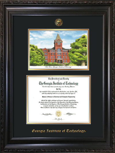 Image of Georgia Tech Diploma Frame - Vintage Black Scoop - w/Embossed GT Seal & Name - w/Campus Watercolor - Black on Gold mat