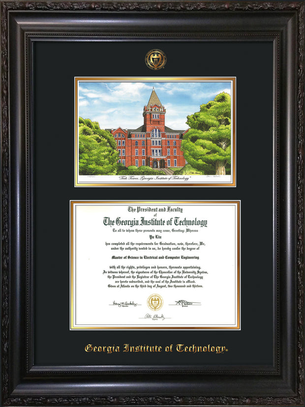 Image of Georgia Tech Diploma Frame - Vintage Black Scoop - w/Embossed GT Seal & Name - w/Campus Watercolor - Black on Gold mat