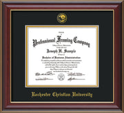 Image of Rochester Christian University Diploma Frame - Cherry Lacquer - w/Embossed Rochester Christian Seal and Name - Black on Gold mat
