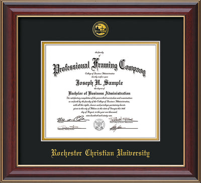 Image of Rochester Christian University Diploma Frame - Cherry Lacquer - w/Embossed Rochester Christian Seal and Name - Black on Gold mat