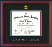 Image of Rochester Christian University Diploma Frame - Cherry Reverse - w/Embossed Rochester Christian Seal and Name - Black on Crimson mat