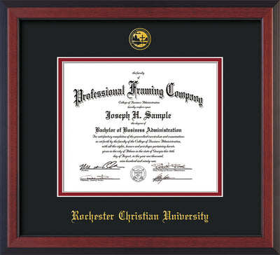 Image of Rochester Christian University Diploma Frame - Cherry Reverse - w/Embossed Rochester Christian Seal and Name - Black on Crimson mat