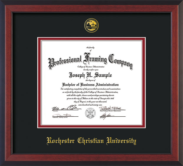 Image of Rochester Christian University Diploma Frame - Cherry Reverse - w/Embossed Rochester Christian Seal and Name - Black on Crimson mat